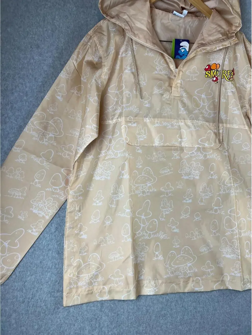 The Smurfs Mens Windbreaker Jacket Pullover Hooded Mushrooms Smurfs Size Large